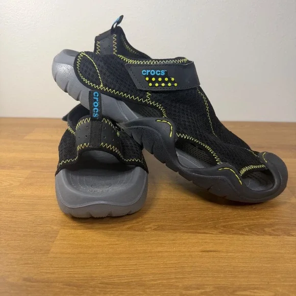 Crocs Swiftwater Mesh Deck Sandals Mens 12 Black Charcoal Lime 15041 Water Shoes