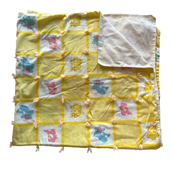 Vtg 1980's Care Bear Baby Blanket Handmade Tacked Quilt 32.5