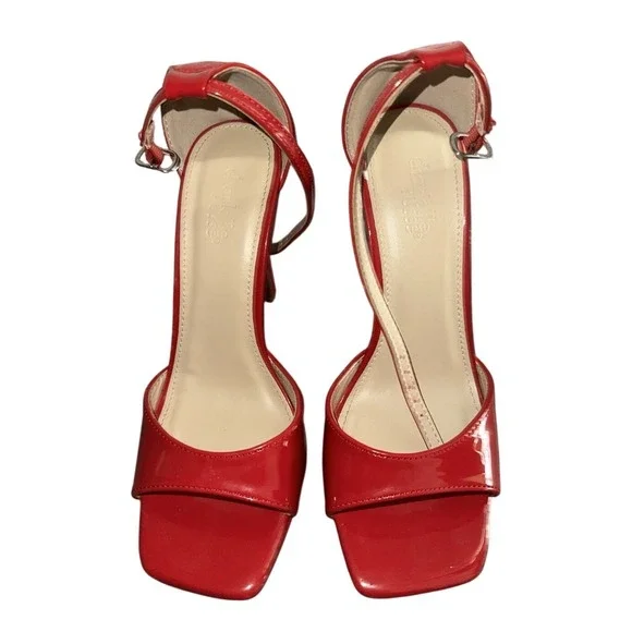 Red Platform Heels Square Toe Ankle Strap Sandals Size 6 y2k indiegoth