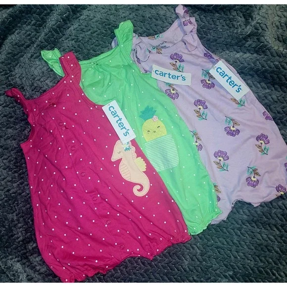 Carters Baby Girl 12M Romper Bundle 3 Pack Pink Green Purple Floral Seahorse NEW