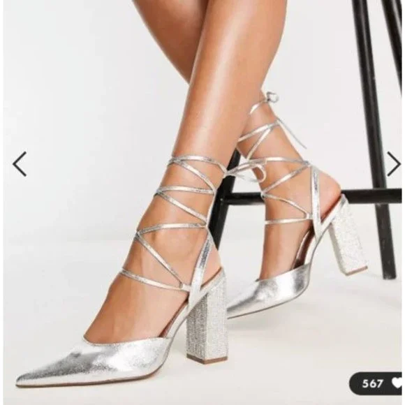 ASOS DESIGN Diamante embellished tie leg block heeled shoes in silver US 6