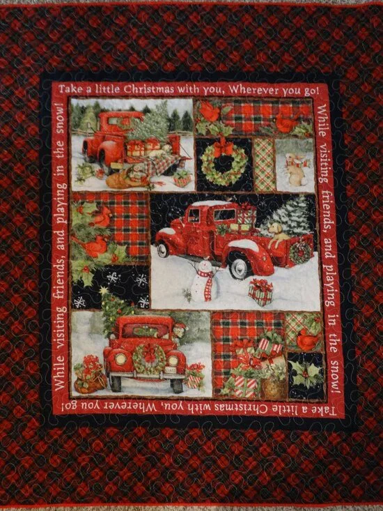 Handmade Red Truck Christmas Quilt, Fleece Backing, Holiday Throw (47