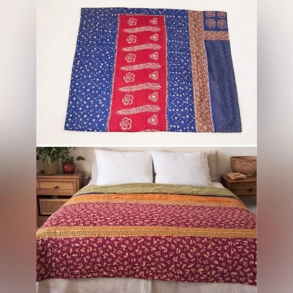 Vintage Kantha Quilt Twin Hand Stitched Sari Patchwork Boho Textile 52” x 80”