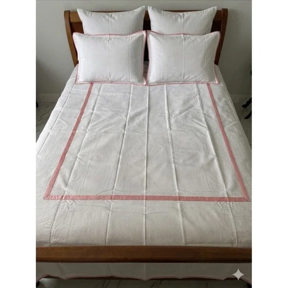Look Linen Co Twin Banded Duvet Cover White Pink Trim Cotton Portugal Luxury‎