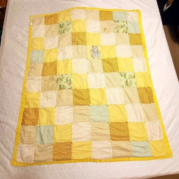VTG Quilted Patchwork Baby Crib Blanket Yellow & Cute Cat Design 51