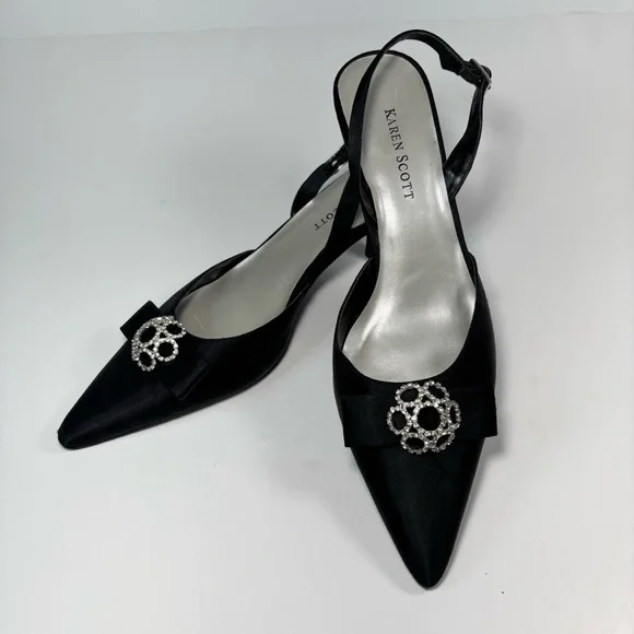 Karen Scott Pointed Toe Black Satin Sling back Kitten Heels‎ Bow Rhinestones 7.5