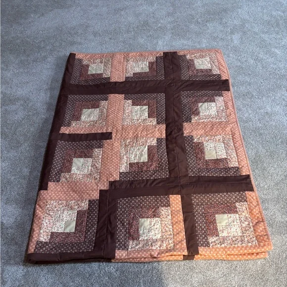 Large Log Cabin Handmade Patchwork Quilt in Brown and Orange 80”x104”