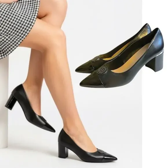 Tommy Hilfiger Women's Neysa Black Patent Toe Metal‎ Medallion Block Heels 9.5M