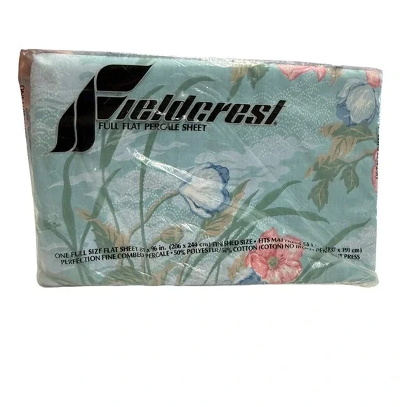 New Fieldcrest Flat Sheet Full Sky Garden Blue Floral Percale Cotton Blend Vtg