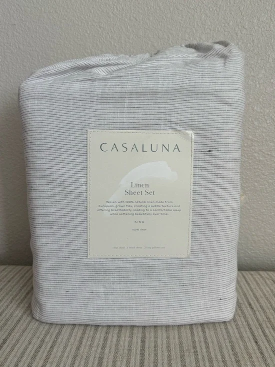 NWT King 100% Linen Sheet Set Dark Gray Micro Stripe - Casaluna