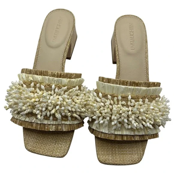J.McLaughlin Seren Beaded Block Heel Sandals Beachwood Tan Cream Womens 7