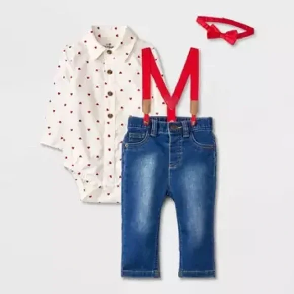 219 Just One You by Carter’s Heart Bodysuit Overall‎ Denim & Bow Tie Size 3-6 mo