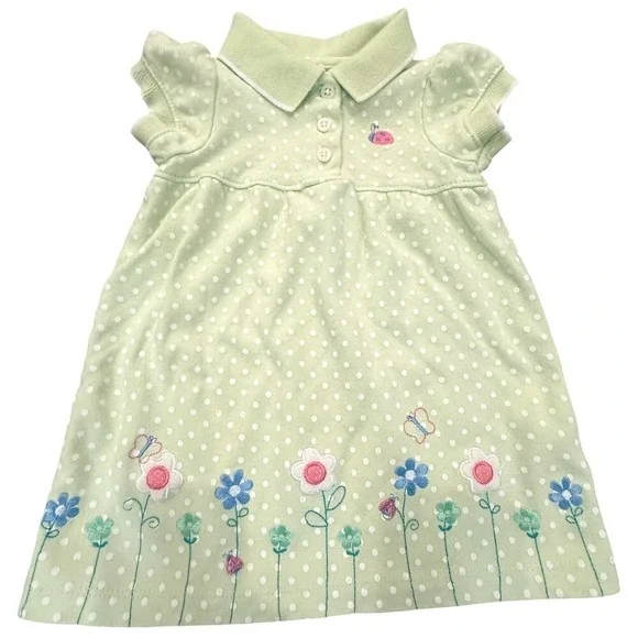 Carter's Girl Dress Green Polka‎ Dot Embroidered Flowers Butterflies - 9 mos