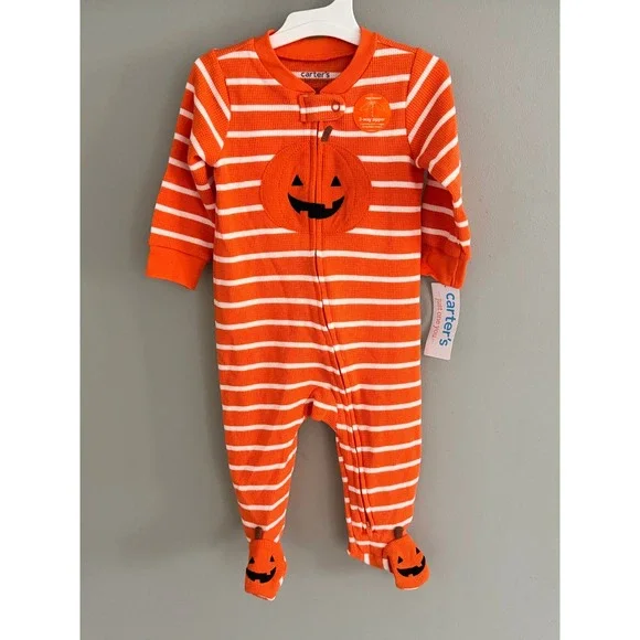 Carter's Baby 9M Pumpkin Sleeper Orange Waffle Knit Halloween 2-Way‎ Zip NWT
