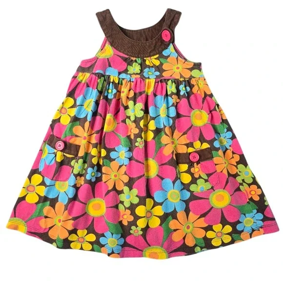 Carters Floral Jumper Dress Girls 4T Brown Pink Blue Retro Kidcore 100%‎ Cotton