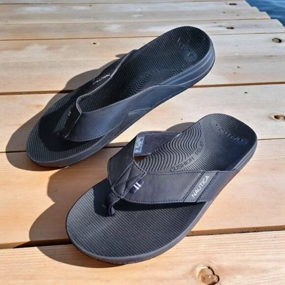 NWOT Nautica Flip Flops Sandals Boat Shoes Black Leather Look
