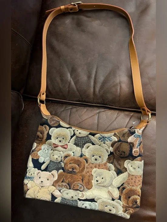 Teddy Bear Tapestry Shoulder Bag in Brown