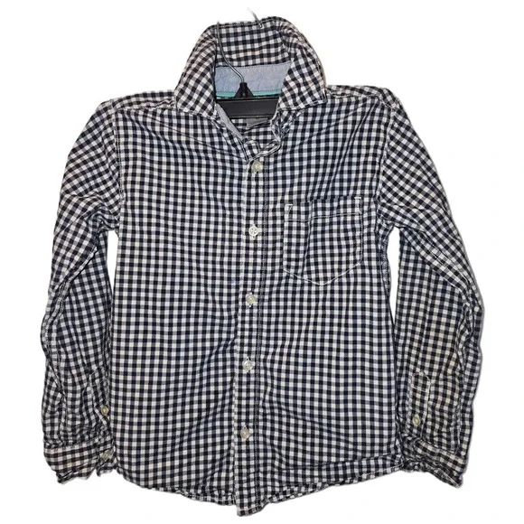 Carters Boys Navy Blue White Gingham Check Button Down Shirt Size 6 Long Sleeve‎