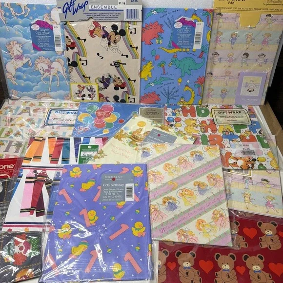 Lot Of Vintage Wrapping Paper Sheets Multiple Occasions 70s 80s Mickey/Clowns