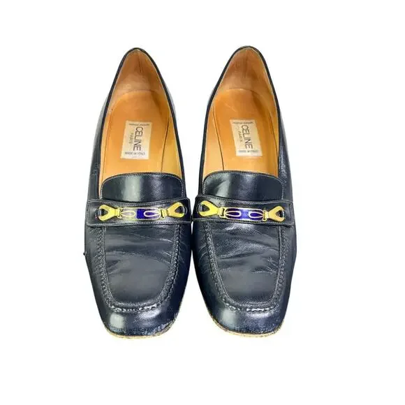 Celine Vintage Shoes Womens Sz 8 Blue‎ Leather Gold Trim Classic Old Money