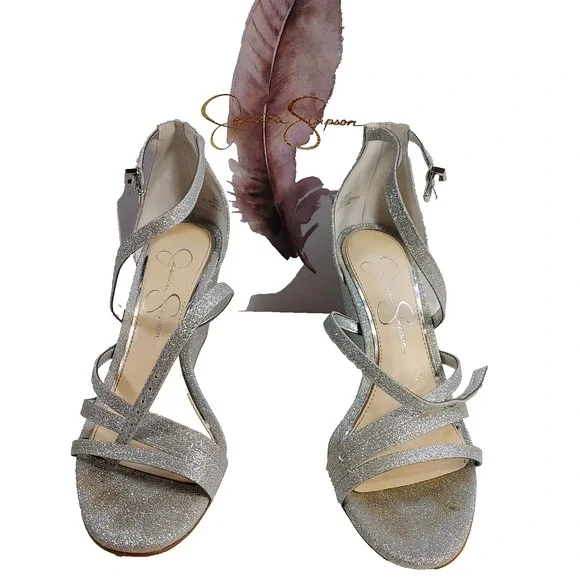 Jessica Simpson Callyia Women Size 6M Shoe Silver Flash Shimmer Metallic Wedge