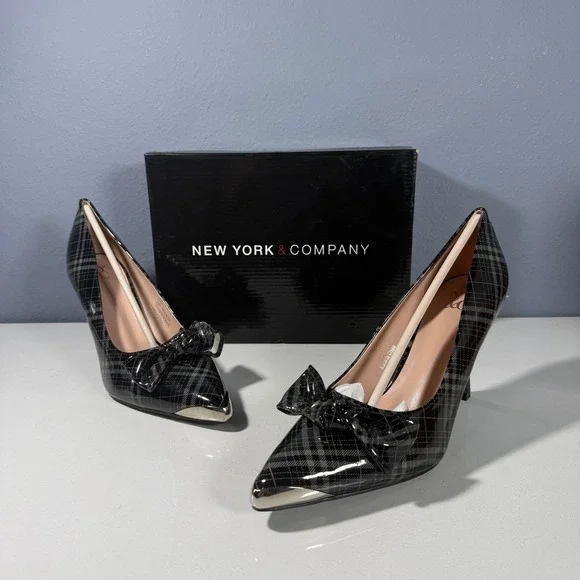 New York & Company Wendy Metal Accent Bow Pump Black Grey Plaid Stiletto Size 9‎
