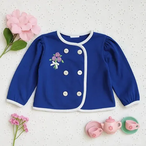 Vintage 1980s Carter's Toddler Girls Blue Rose Bouquet Cardigan – Size 3T