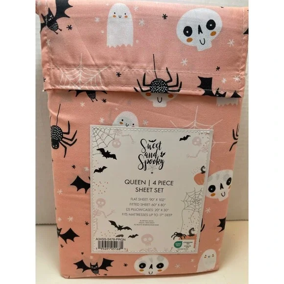 Halloween Sweet & Spooky Queen 4 Pc. Sheet Set‎ Pink Fits 12