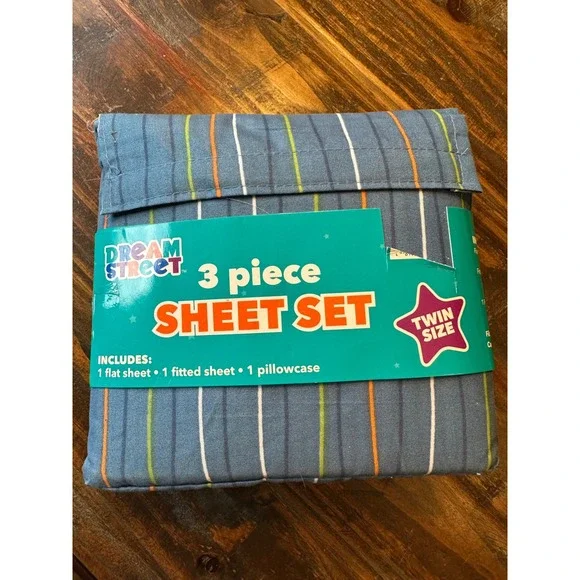 3 Piece‎ Twin Sheet Set Microfiber Dream Street Blue Striped Kids Bedding NWT