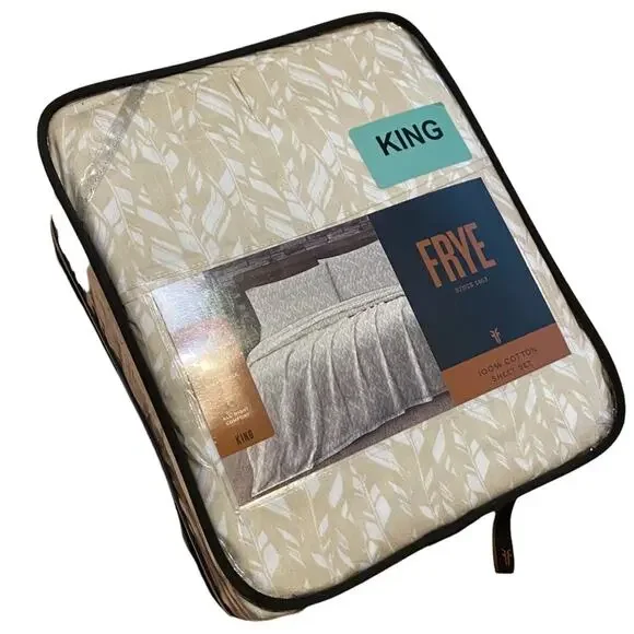Frye King Sheet 4 Pc Set Flat Fitted Pillowcase Tan Feather 100% Cotton NEW