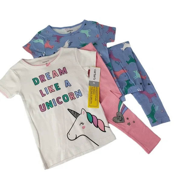 Carter's Toddler and Baby Girls' 4 Piece Cotton Pajama Set (Unicorn T 3)‎ New