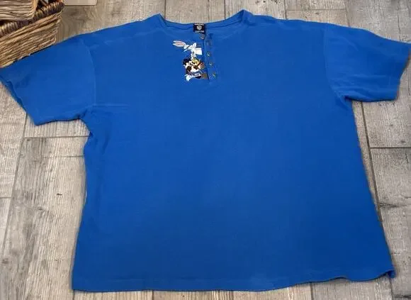 Vtg 90s Looney Tunes Embroidered Henley Shirt XL Blue Bugs Bunny Taz Warner Bros