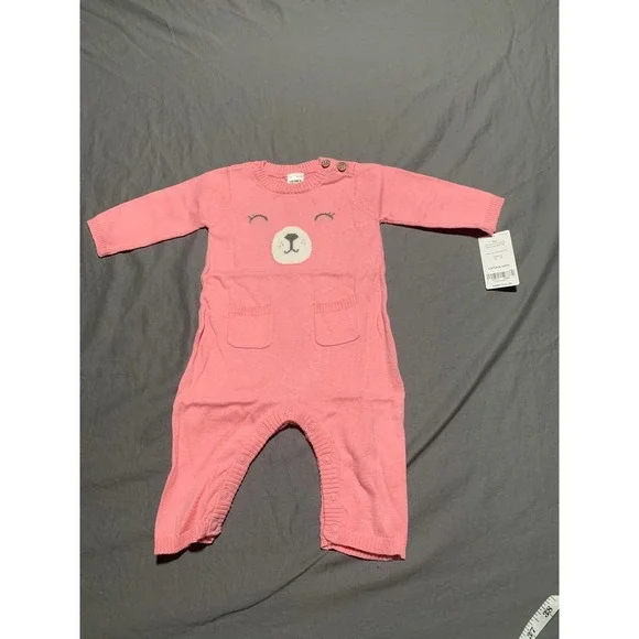 Carters Baby Girls Pink Bear Knit Jumpsuit Romper Sweater One Piece‎ 3M NEW