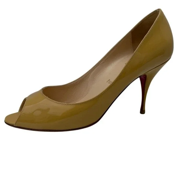 Christian‎ Louboutin Patent Leather Peep Toe Pump Heel Yellow Sz 38.5 Evening