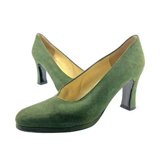 CHARLES JOURDAN Paris Forest Green Suede Platform Pumps‎