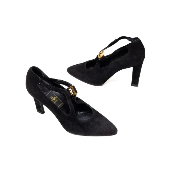 Vintage Fendi Scarpe Black Suede T-Strap Heels with Gold FF Buckle–Size 5.5/EU36