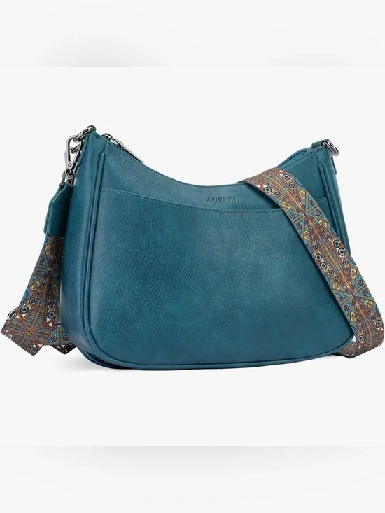 Teal Shoulder Bag with Detachable Patterned Strap