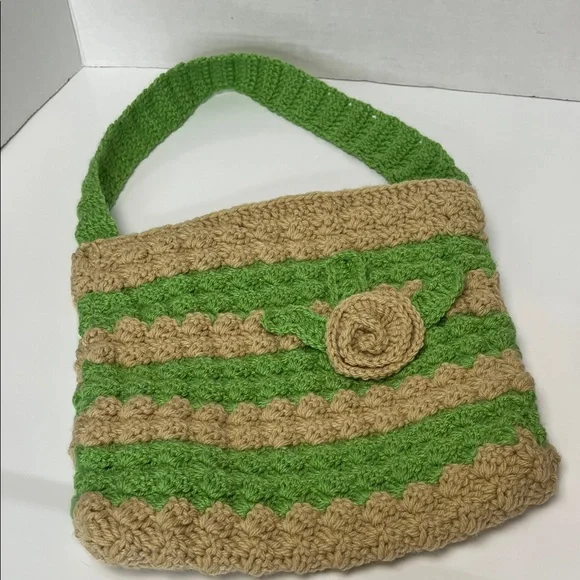 Green and Tan Crochet Shoulder Bag