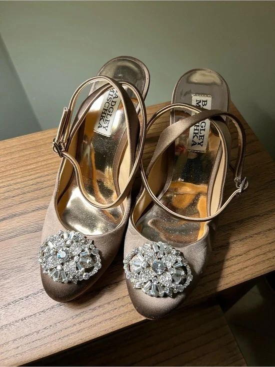 Badgley Mischka Taupe Satin Crystal-Embellished Slingbacks