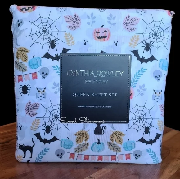 4pc CYNTHIA ROWLEY Pastel Halloween QUEEN Sheet Set Pumpkin Owl Cat Skull Ghost