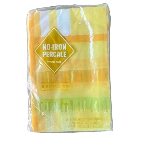 Vintage Abstract Pillowcase Set NOS Salestex No-Iron Percale Standard 70s Yellow