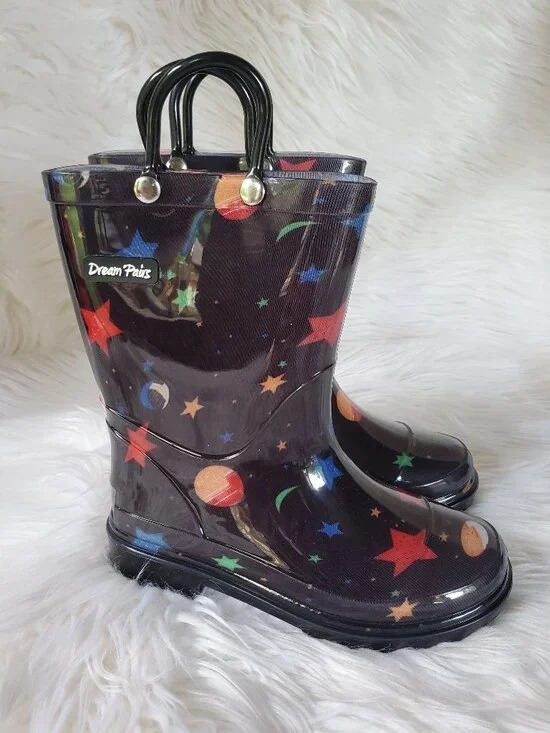 Dream Paris Kid's Black Outer Space Waterproof Rain Boots SZ 10