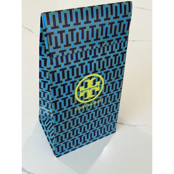 Tory Burch Blue Lime Geometric Gift Bag‎ 13x7x5 Tall Decor Flap Closure EUC