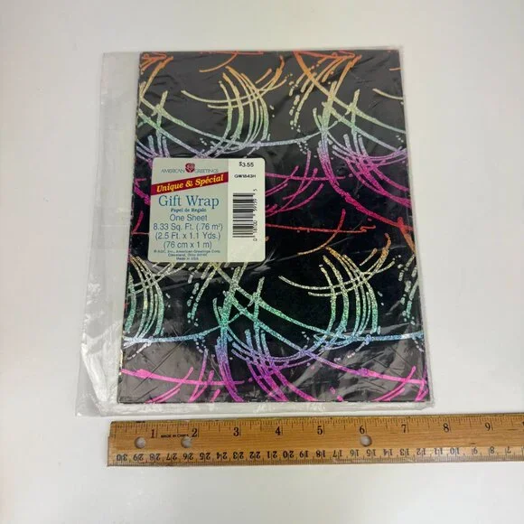 Vtg American Greetings Gift Wrap Sheet Black w Colorful Rainbow Metallic Sparkle