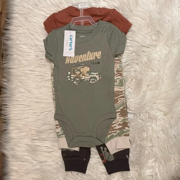 Carter’s 4pc Bodysuit Pants Set Baby Boy 9M Green Brown Safari‎ Animals NWT