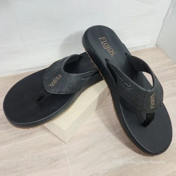 Flojos Men's Memory Foam Sandals Flip Flops Black Size 8