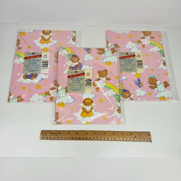 Vtg Pink Rainbow Clouds‎ Stars Sun Teddy Bears Baby American Greetings Gift Wrap