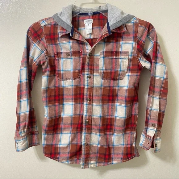 Carter’s boys hooded button down plaid long sleeve shirt size 8