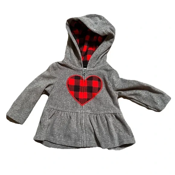 Carter's Girl's 6 Mos Grey With Red‎ Buffalo Plaid Heart Jacket With Lined Hood