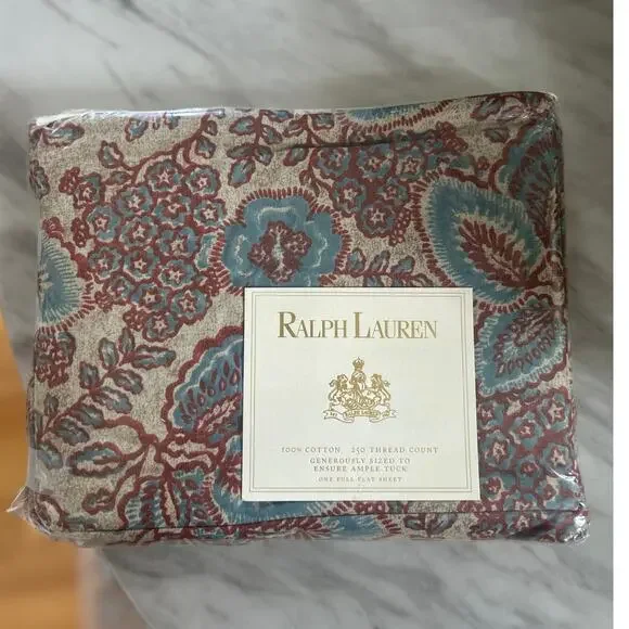 Ralph Lauren 90s Aix-En-Provence Tan Red Blue Floral FULL FLAT Sheet